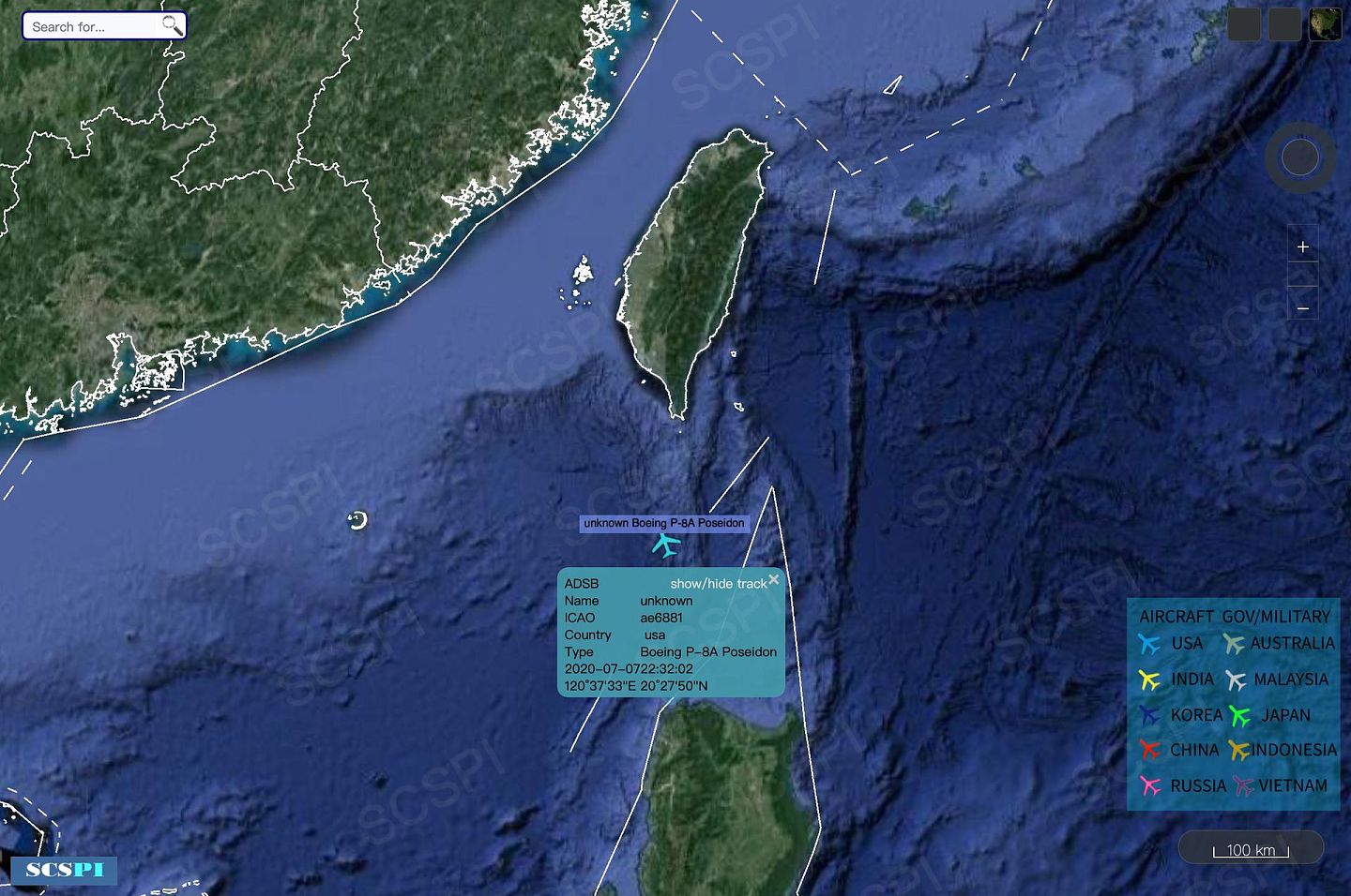 2020年7月8日，中国研究机构北京大学海洋战略研究中心发布美国军机靠近广东沿岸侦察卫星图。（Twitter@SCS Probing Initiative）