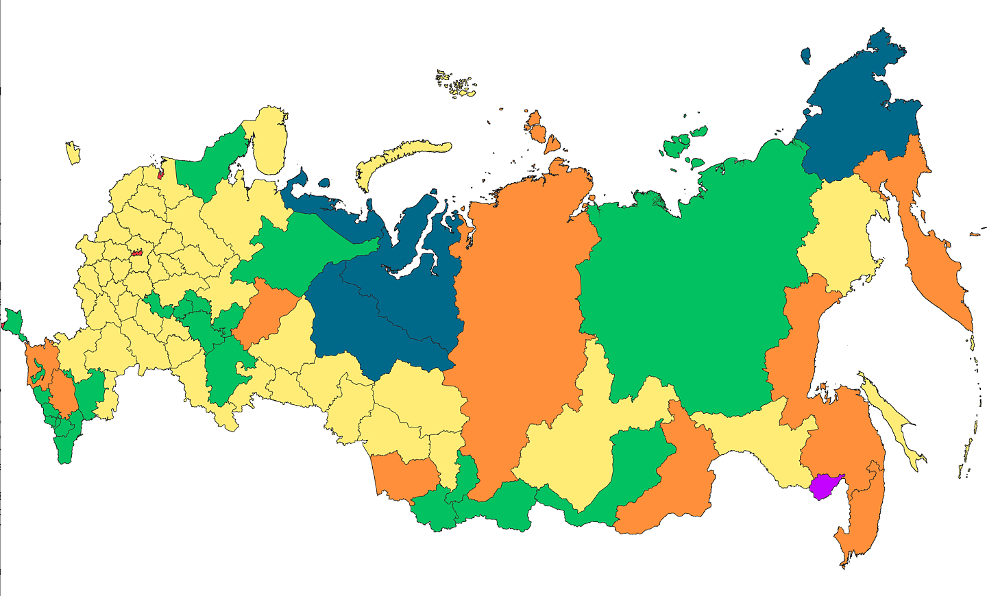 俄罗斯有85个“联邦主体”，共分为六种类别：共和国、州、边疆区、联邦直辖市、民族自治区和自治州。（维基百科公共领域）