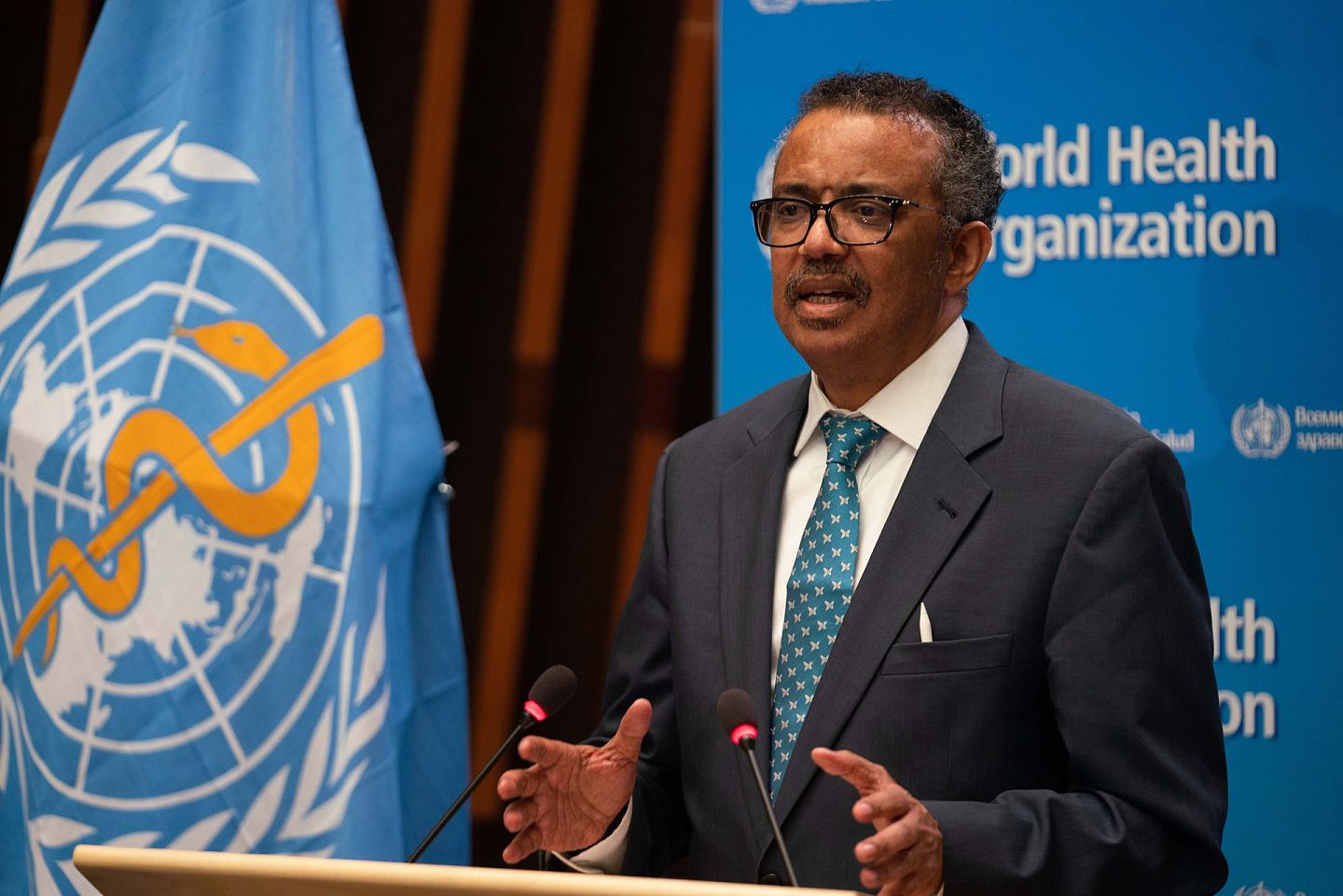 世卫组织总干事谭德塞（Tedros Adhanom Ghebreyesus）在第73届世界卫生大会视频会议上发表讲话。第73届世界卫生大会于2020年5月18日至19日以视频方式举行。（新华社）
