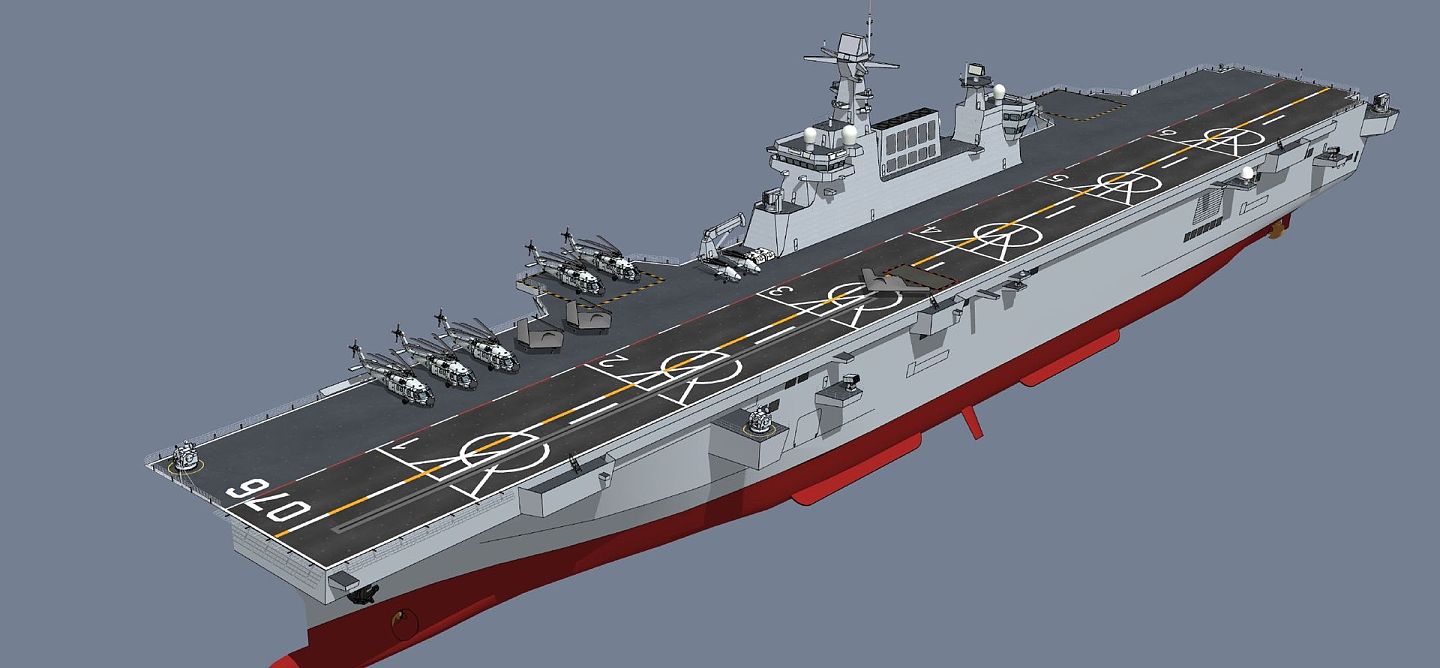 2020年7月底，中国海军装备现最新动态。图为网友制作的076型两栖攻击舰的模拟图。（微博@大包00）