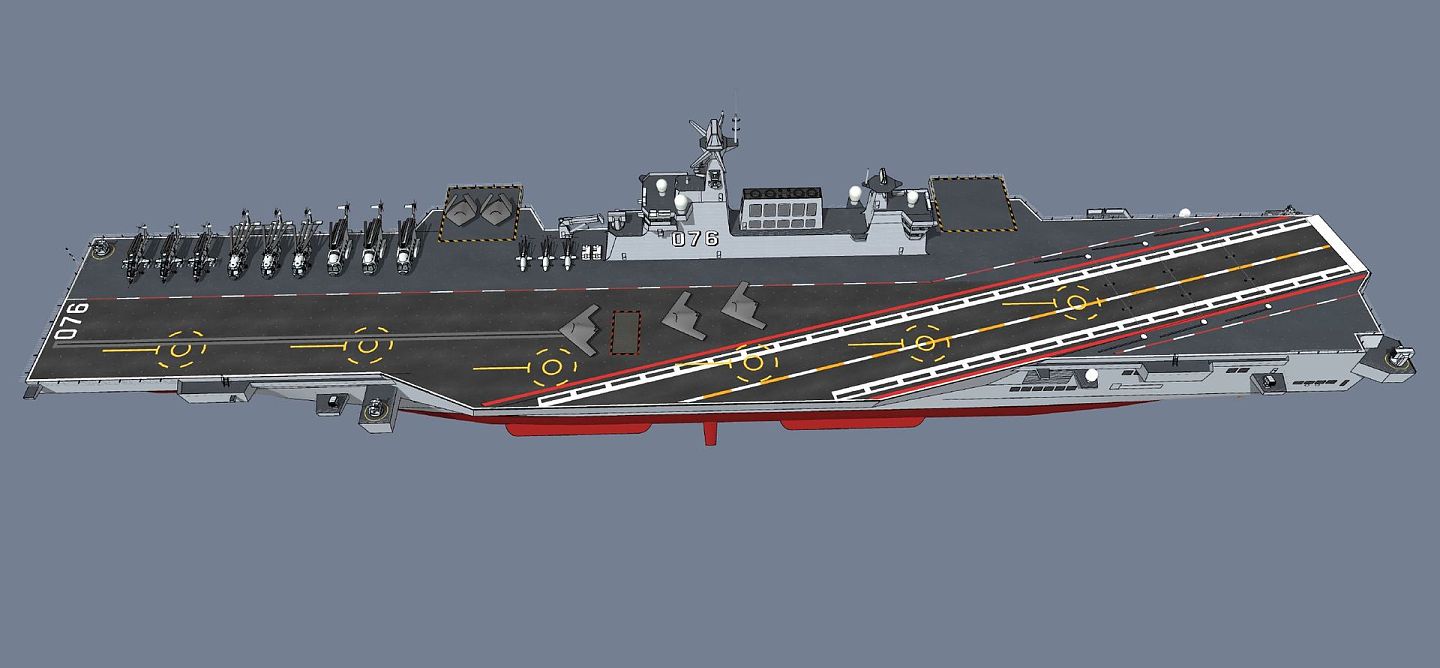 2020年7月底，中国海军装备现最新动态。图为网友制作的076型两栖攻击舰模拟图，舰上出现有无人攻击机。（微博@大包00）