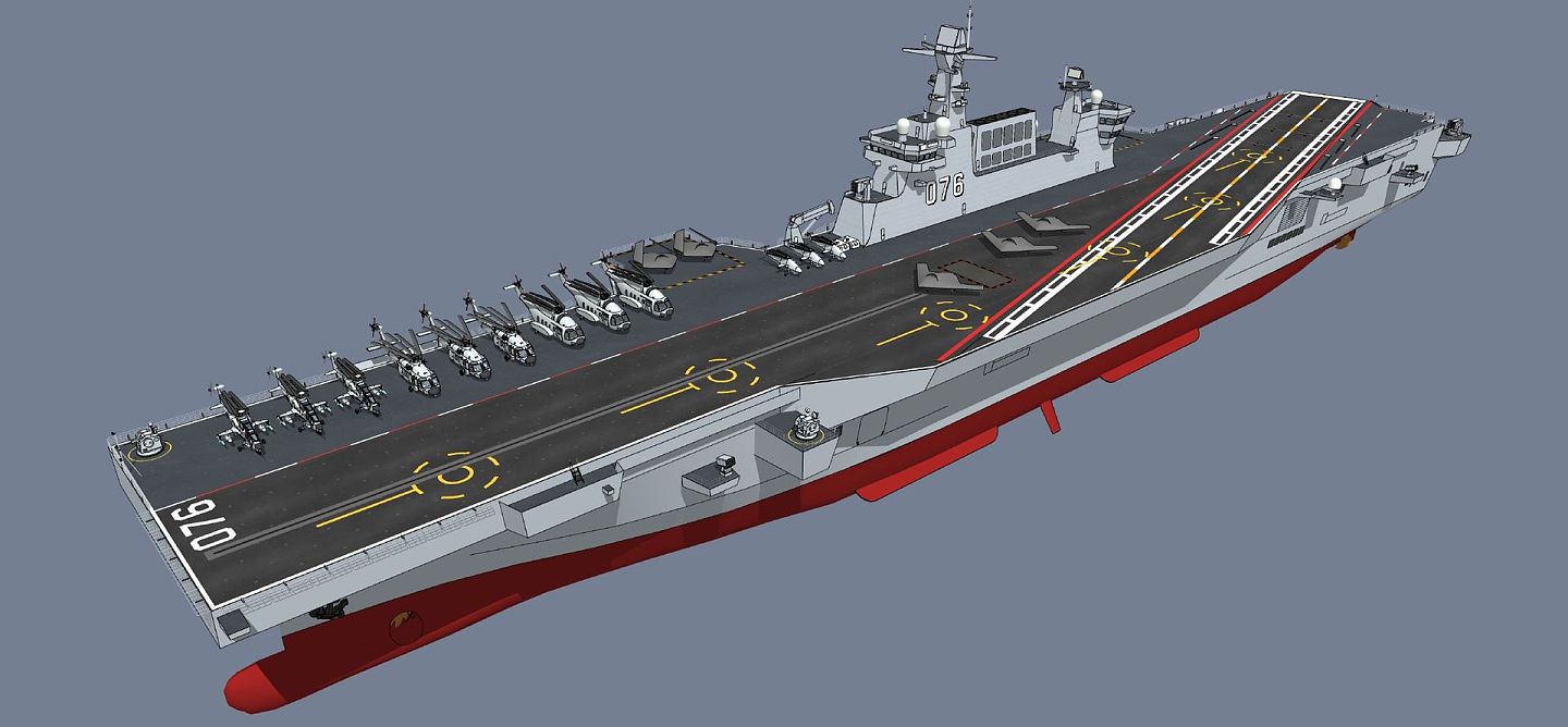 2020年7月底，中国海军装备现最新动态。图为网友制作的076型两栖攻击舰模拟图，舰上还装载有武装直升机、运输直升机等。（微博@大包00）