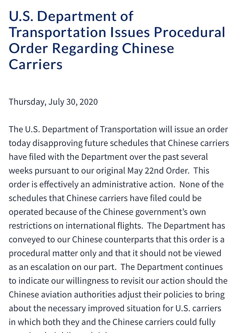 美交通部拒批中国航司增航计划，或因不满中方“五个一”政策！（组图） - 1