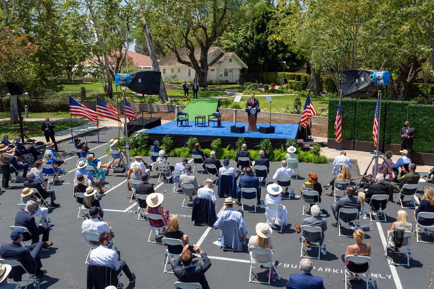 7月23日，加州约巴林达（Yorba Linda），美国国务卿蓬佩奥（Mike Pompeo）在发表关于共产主义中国和自由世界未来的演讲。(Getty)