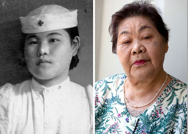 广岛原爆几年之后，在广岛红十字会医院当护士的上野照子（左），和2015年的照子。