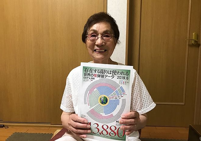 广岛原爆的生还者冈田美惠子（Yuki Tominaga）手持一张显示至2019年6月为止全世界核器数量分布的图表。