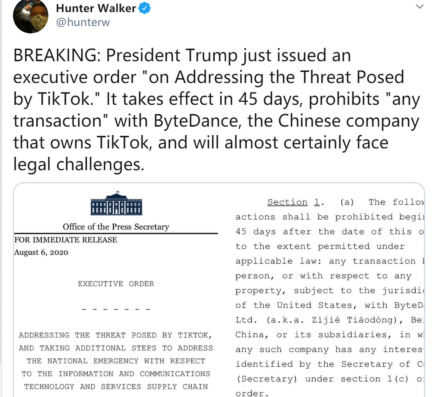 特朗普签署行政令封杀TikTok，45天后正式生效。（Twitter@Hunter Walker）