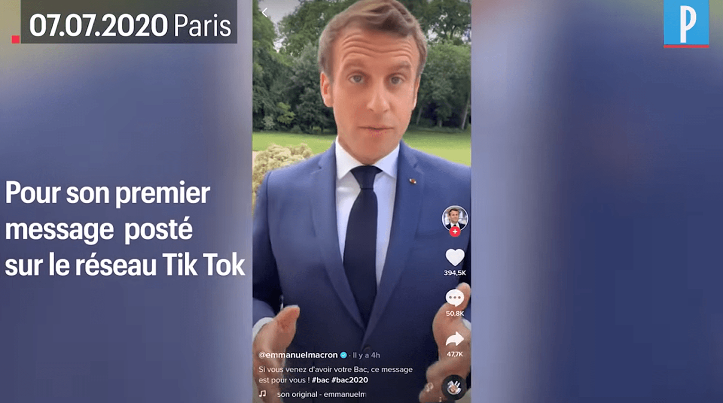 2020年7月7日，法国总统马克龙（EmmanuelMacron）注册TikTok，并发布首个短视频。（Youtube 视频截图）