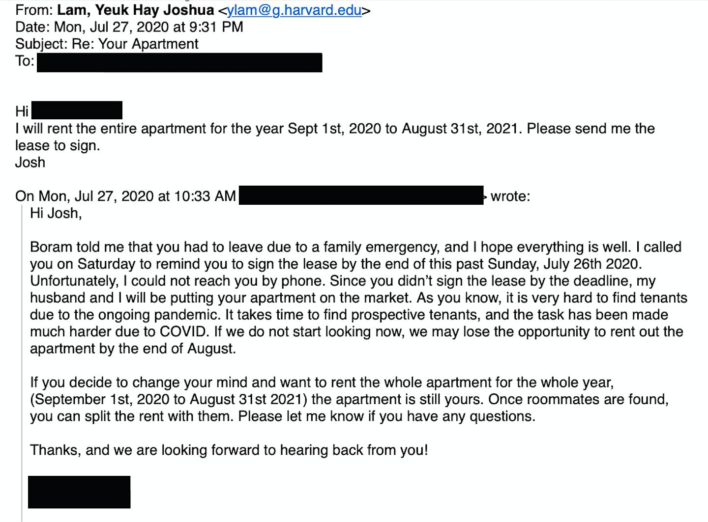 林约希7月27日回覆波士顿房东的电邮中，表示会签一年租约。 （传真社图片）