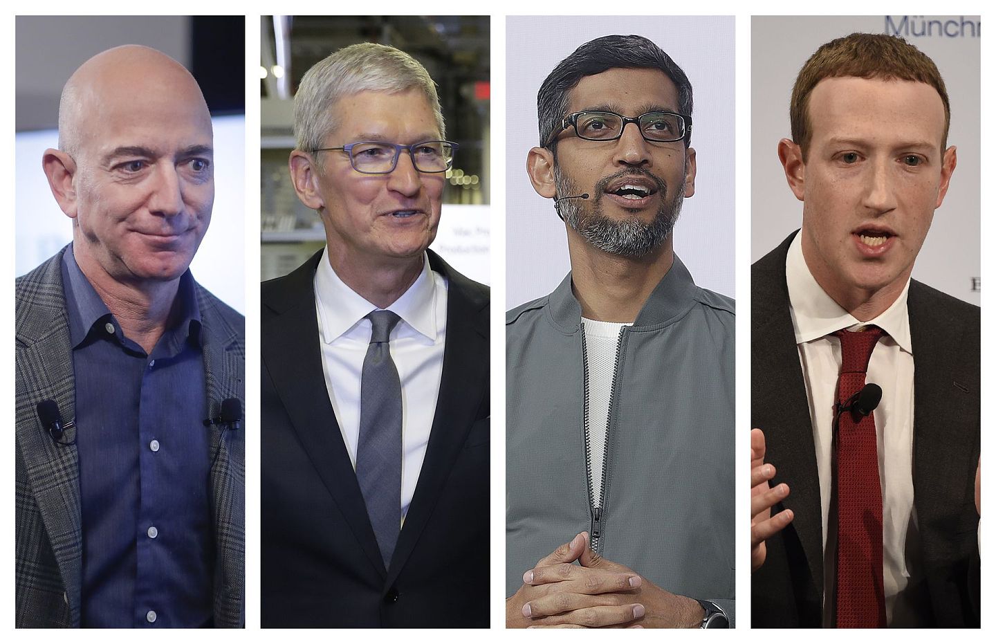 图为亚马逊CEO杰夫·贝佐斯、苹果CEO蒂姆·库克、谷歌CEO桑达尔·皮查伊和脸书CEO马克·扎克伯格。（AP）