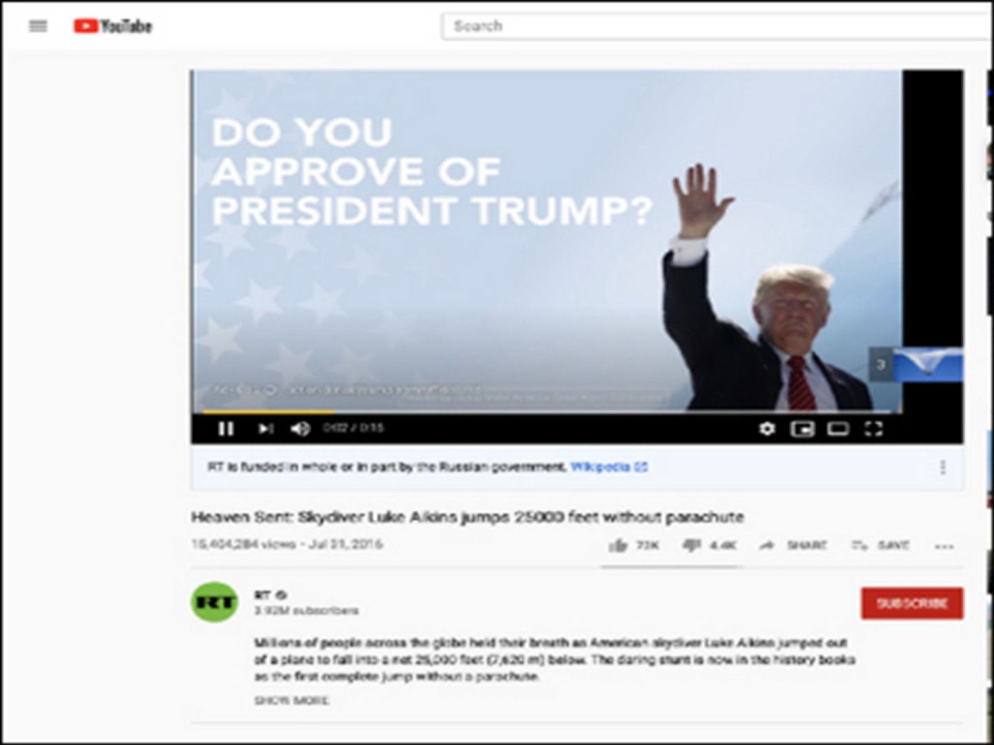 特朗普在“今日俄罗斯”YouTube频道投放的广告。（YouTube@RT）