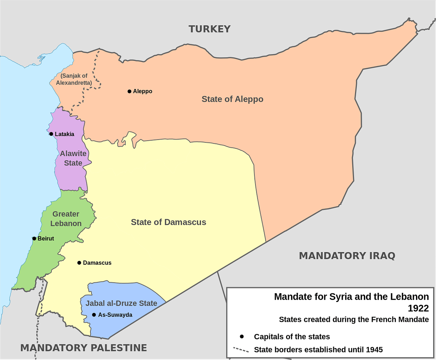 法国对叙利亚和黎巴嫩的委任统治图以及1922年建立的国家。（维基百科公共领域，Don-kun、TUBS、NordNordWest）
