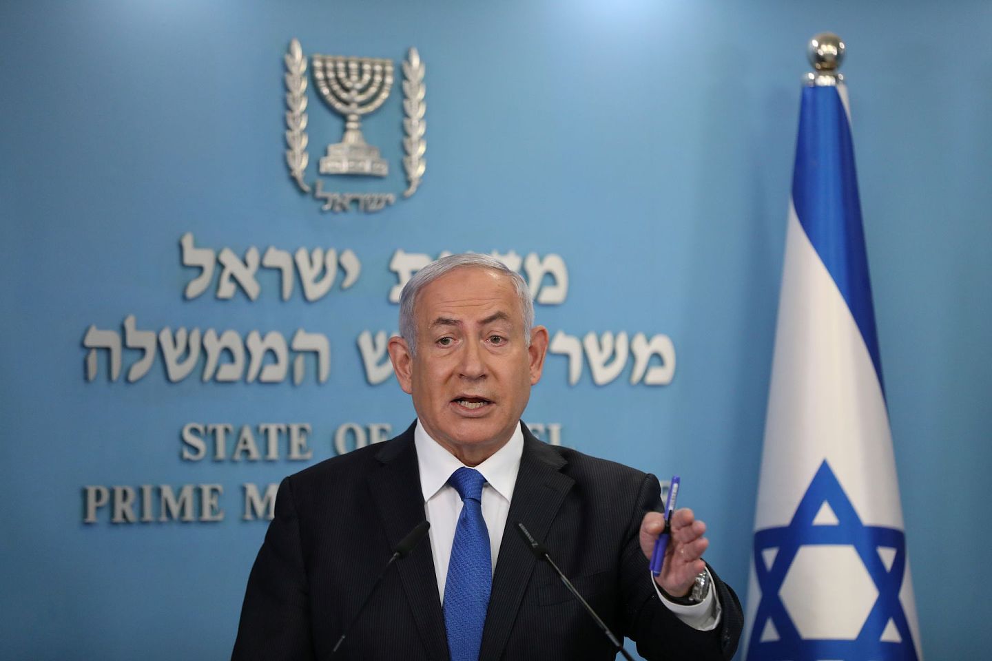 图为2020年8月13日，以色列总理内塔尼亚胡于耶路撒冷出席记者会，宣布跟阿联酋恢复正常关系。（Reuters）