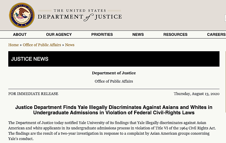 耶鲁大学被判定招生非法歧视亚裔 美国司法部：录取率仅为非裔的1/10（组图） - 2
