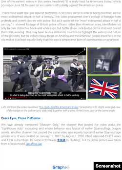 亲中国的政治网络“垃圾邮件龙”发布在YouTube上的一段视频，扰乱美国政治舆论，却在展现美国混乱的视频中用了英国的图像。（图片来源：社交媒体监测公司Graphika的报告。）