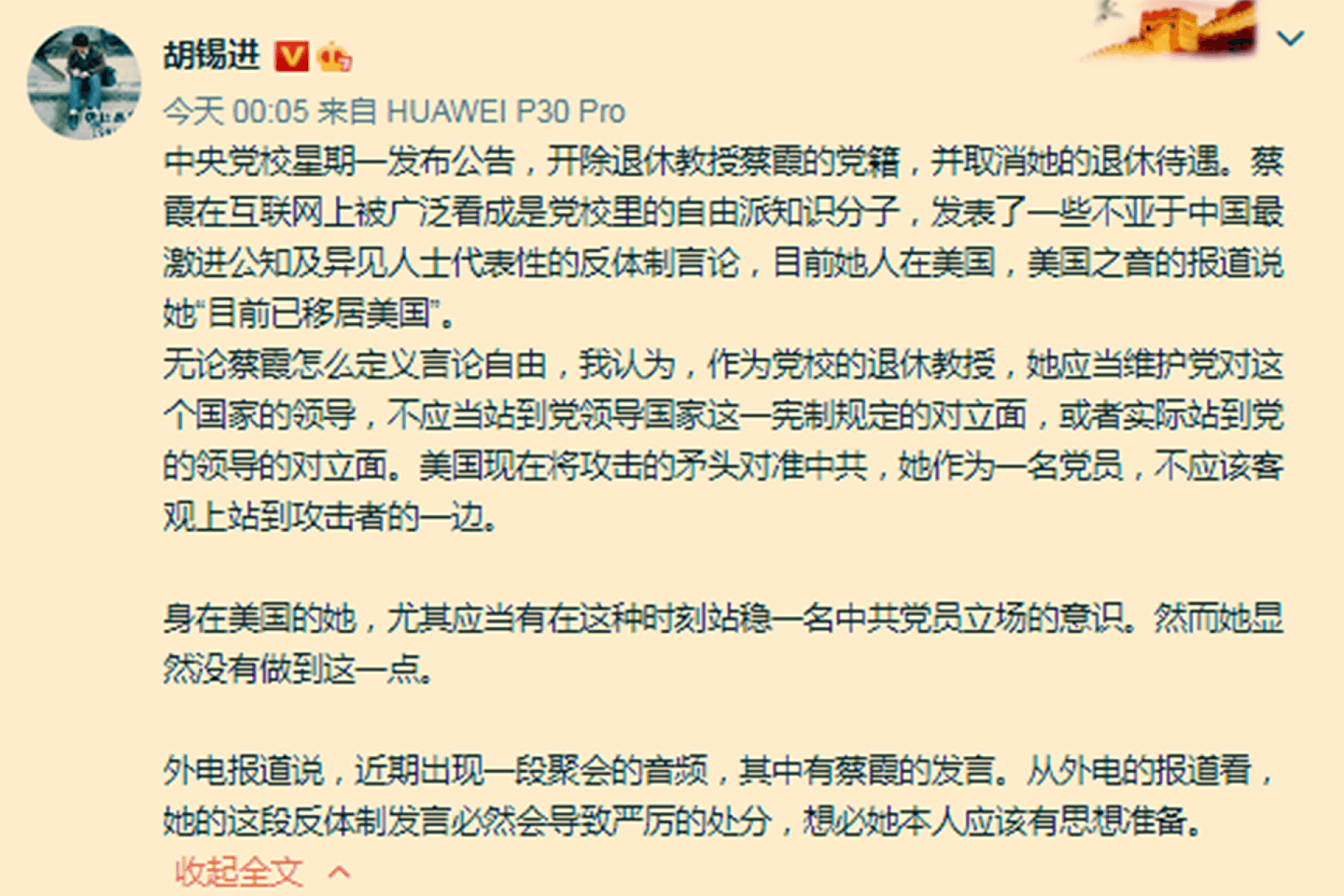中国官媒《环球时报》总编辑胡锡进谈蔡霞被处理事件。（微博@胡锡进）