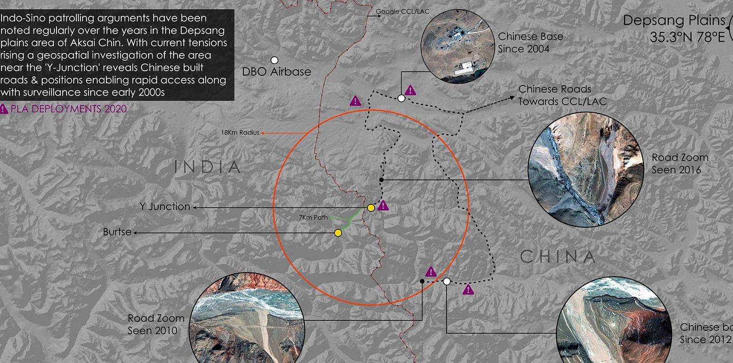 印方指控解放军企图控制德普桑地区，扩大军事存在，阻止印方正常巡逻，但印度分析人士根据图像对比指出，解放军基地早在2004年就已经矗立在这里。（Twitter@detresfa_）