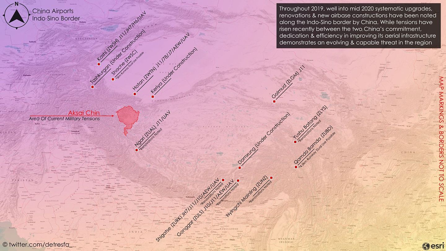 印度分析人士综合卫星图像绘制印中边境冲突爆发后，解放军在西藏所有空军基地部署的分遣队分布图。（Twitter@detresfa_）