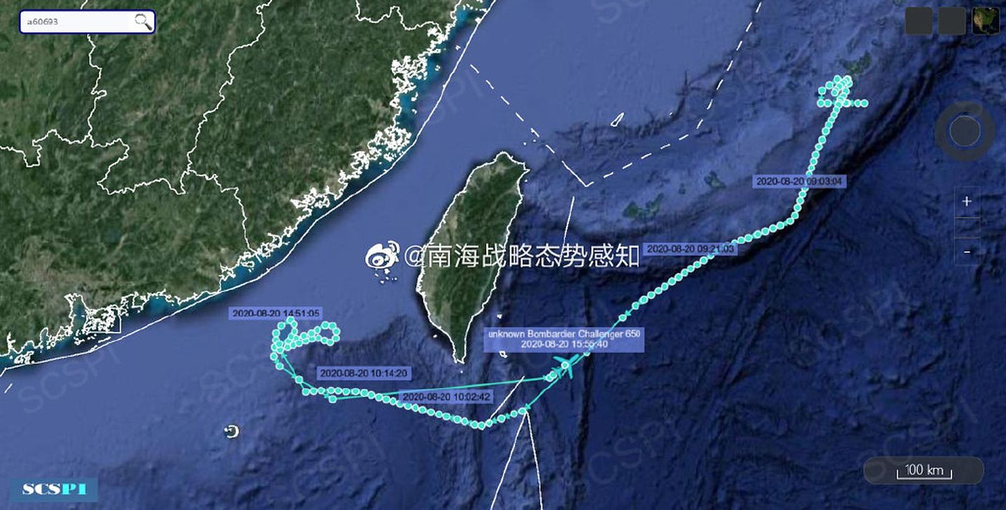 8月20日，美陆军1架庞巴迪“挑战者650”侦察机在台湾海峡侦查。（微博@南海战略态势感知）