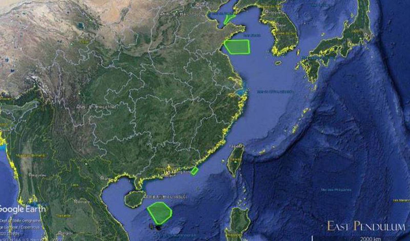 从地图上来看，所谓的“四海军演”，离台湾都有一段距离。（图取自《East Pendulum》推特）