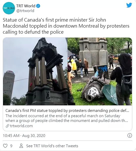 场面震撼！加拿大爆发游行，“国父”雕像惨遭“斩首”，身首异处…（组图） - 9