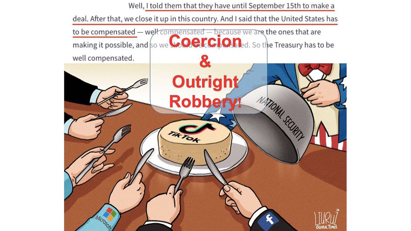 华春莹在漫画上打上了写有“胁迫和公然抢劫!”的红色字眼。（Twitter@Hua Chunying 华春莹）