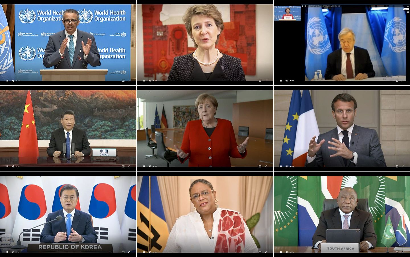 第73届世界卫生大会以视频会议方式开幕。各国领导人在讲话中呼吁加强国际合作共同抗击新冠肺炎疫情，并强调疫苗与医疗方法应全球共享。（AFP）