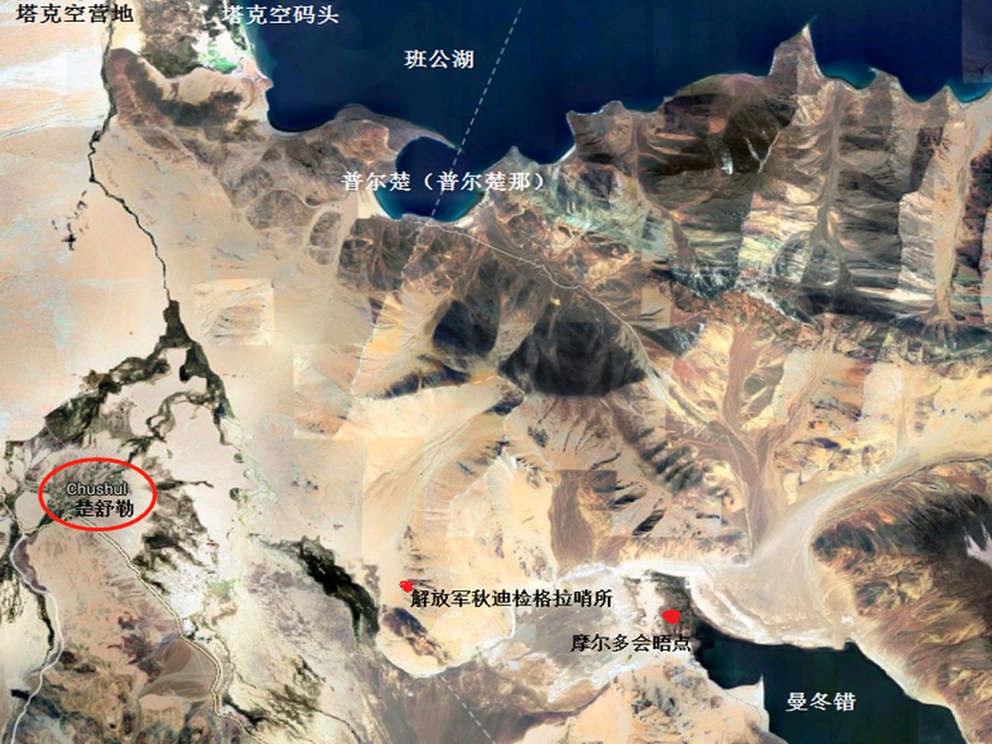 中印双方在楚舒勒地区（红圈）局势紧张。（谷歌地图截图）