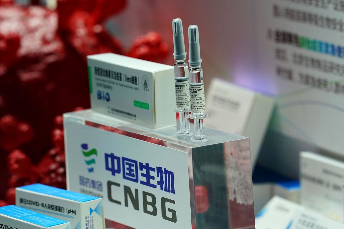 本次中国国际服务贸易交易会上，中国生物的两个新冠病毒灭活疫苗首次登场，参观者可近距离面对面观看。 （Reuters）