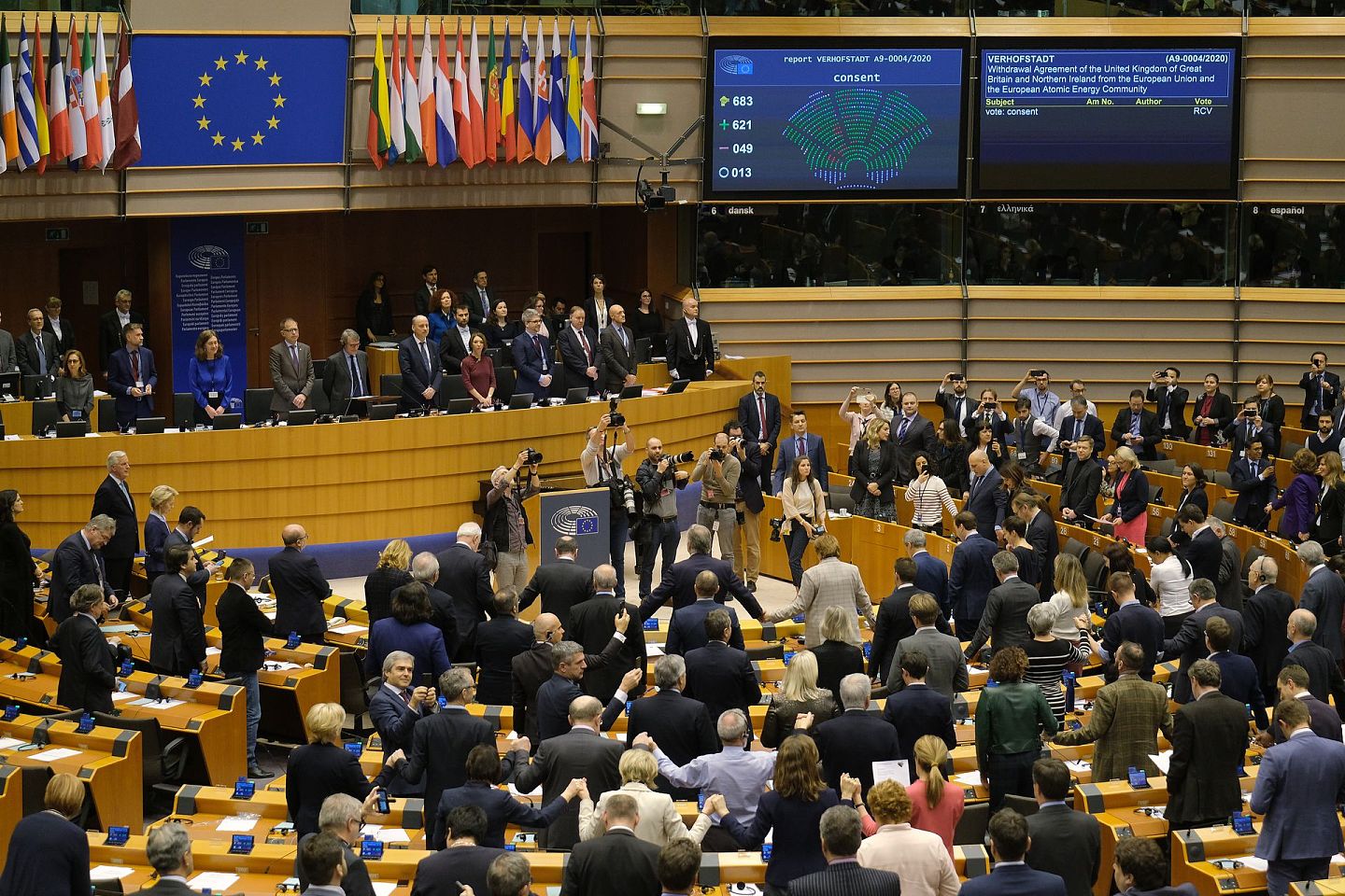 2020年1月29日，欧洲议会投票通过历史性的脱欧协议。英国则在随后的1月31日正式退出欧盟。（Getty）
