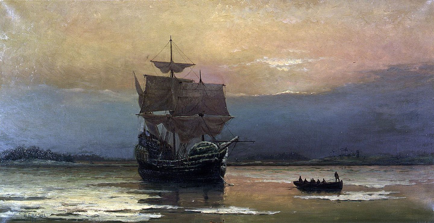 1620年11月19日，清教徒们乘坐五月花号船抵达北美。图为画家William Halsall于1882年所绘制的《五月花号在普利茅斯港》。（维基百科公有领域）