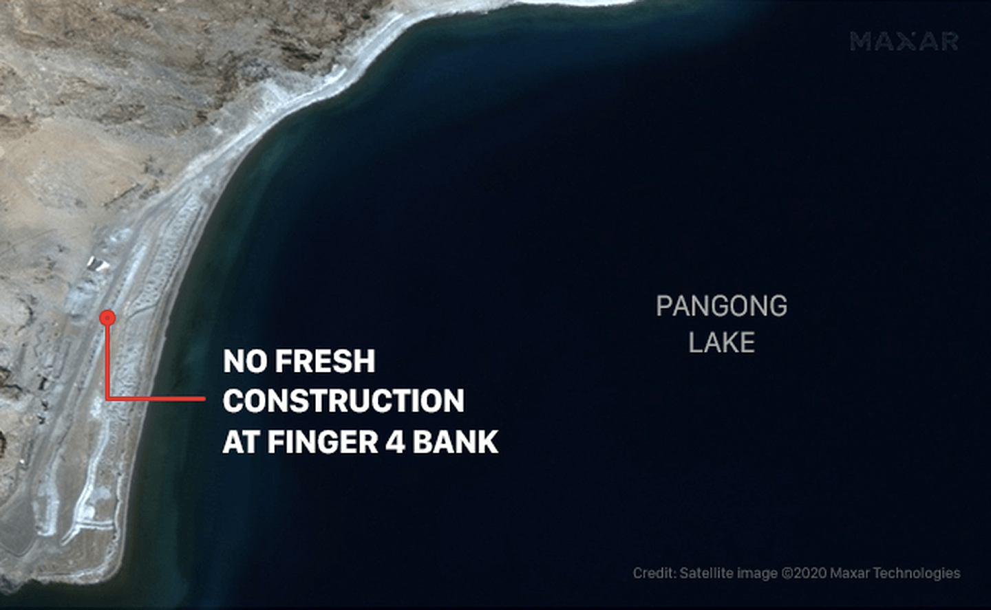 新德里电视台发布美国公司9月7日卫星图像显示班公湖北岸边上手指山4指现况，NDTV认为4指没有新的建筑。 （NDTV新闻网卫星图像截图)