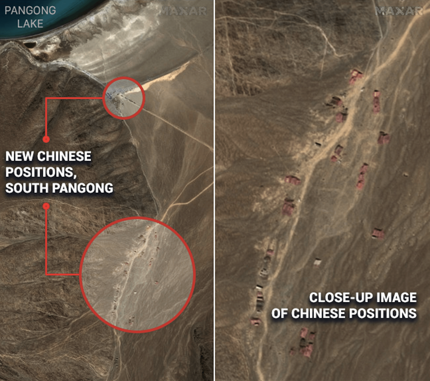 新德里电视台发布美国Maxar Technologies公司9月7日卫星图像显示班公湖南岸现况，解放军在山脊线上修筑了新的道路，右图红色小方块是解放军营地。 （NDTV新闻网卫星图像截图)