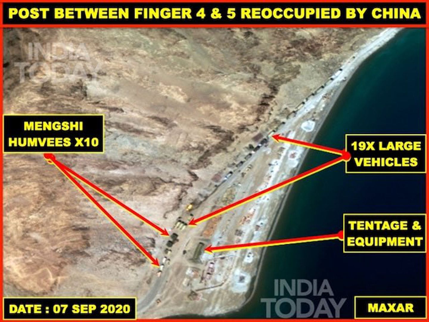 今日印度新闻网分析这张Maxar Technologies提供的4指到5指地区9月7日卫星图片显示，4指和5指之间出现大量重型卡车，大面积的帐篷可存放武器装备。 （今日印度新闻网卫星图像截图)