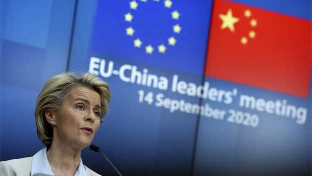 European Commission President Ursula von der Leyen speaks during a news conference after a virtual summit with China