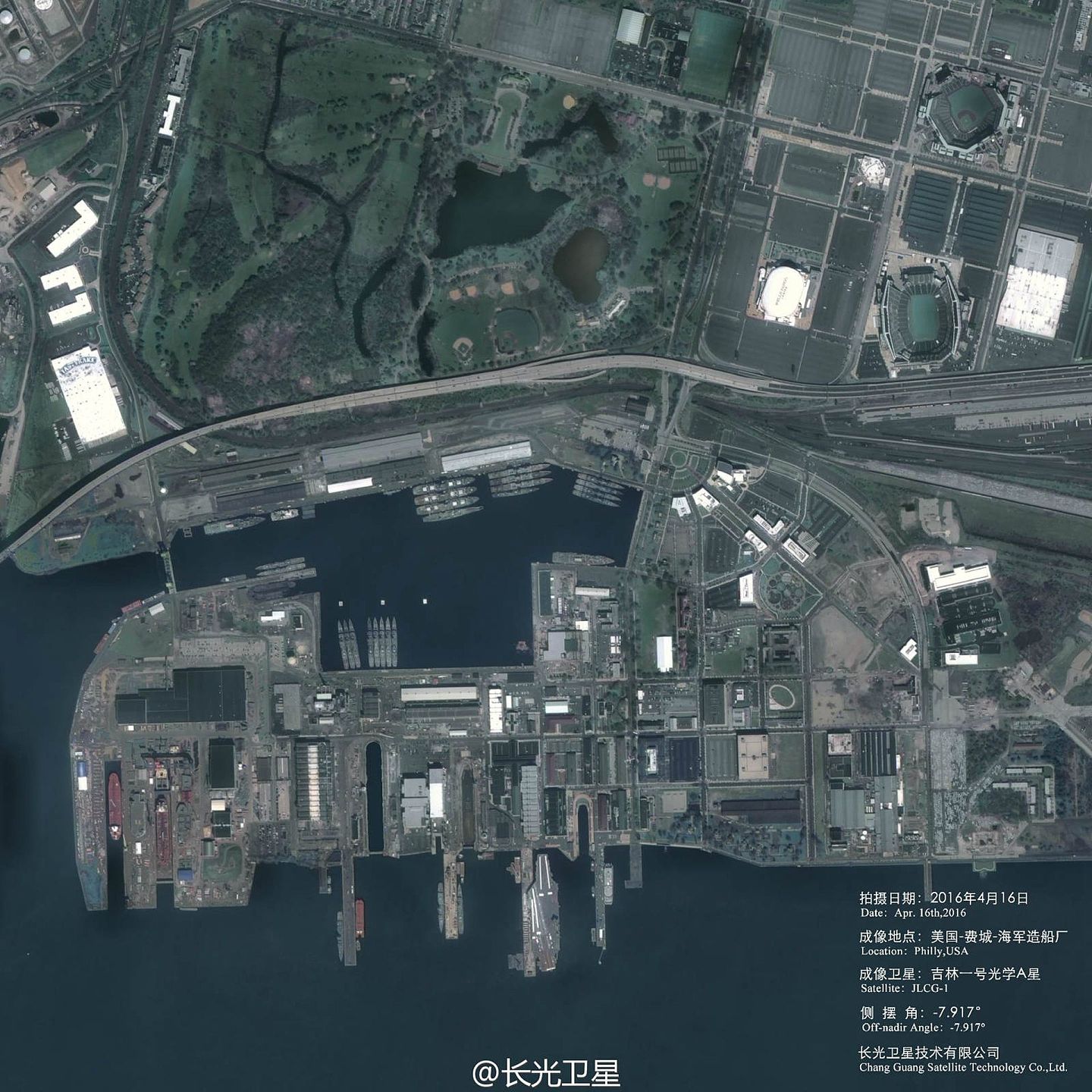 2016年5月，中国长光卫星公司官方微博发布了由吉林一号卫星拍摄的美国费城海军造船厂的高清卫星照片。 图为美国费城海军造船厂全景。 （微博@长光卫星）