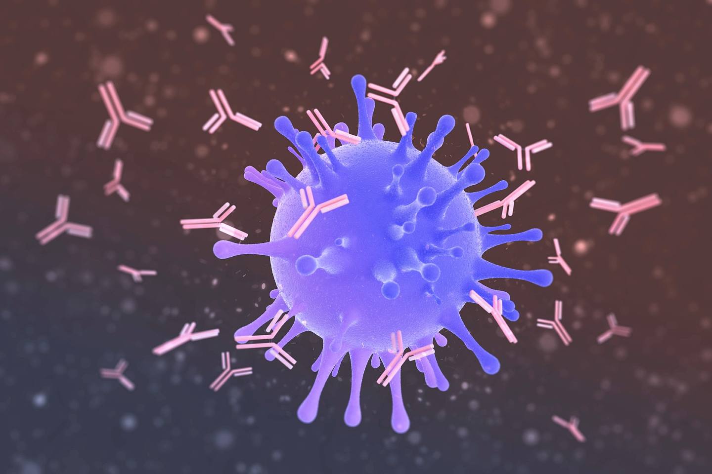 图为抗体与病毒结合的艺术图。 抗体与病毒结合可令病毒无法感染细胞，也能成标记协助让免疫细胞更易杀灭病毒。 （Getty Images）