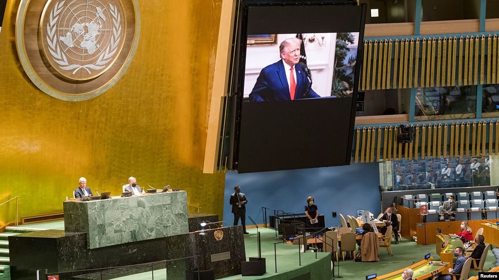美国总统唐纳德·特朗普在第75届联合国大会上发表讲话