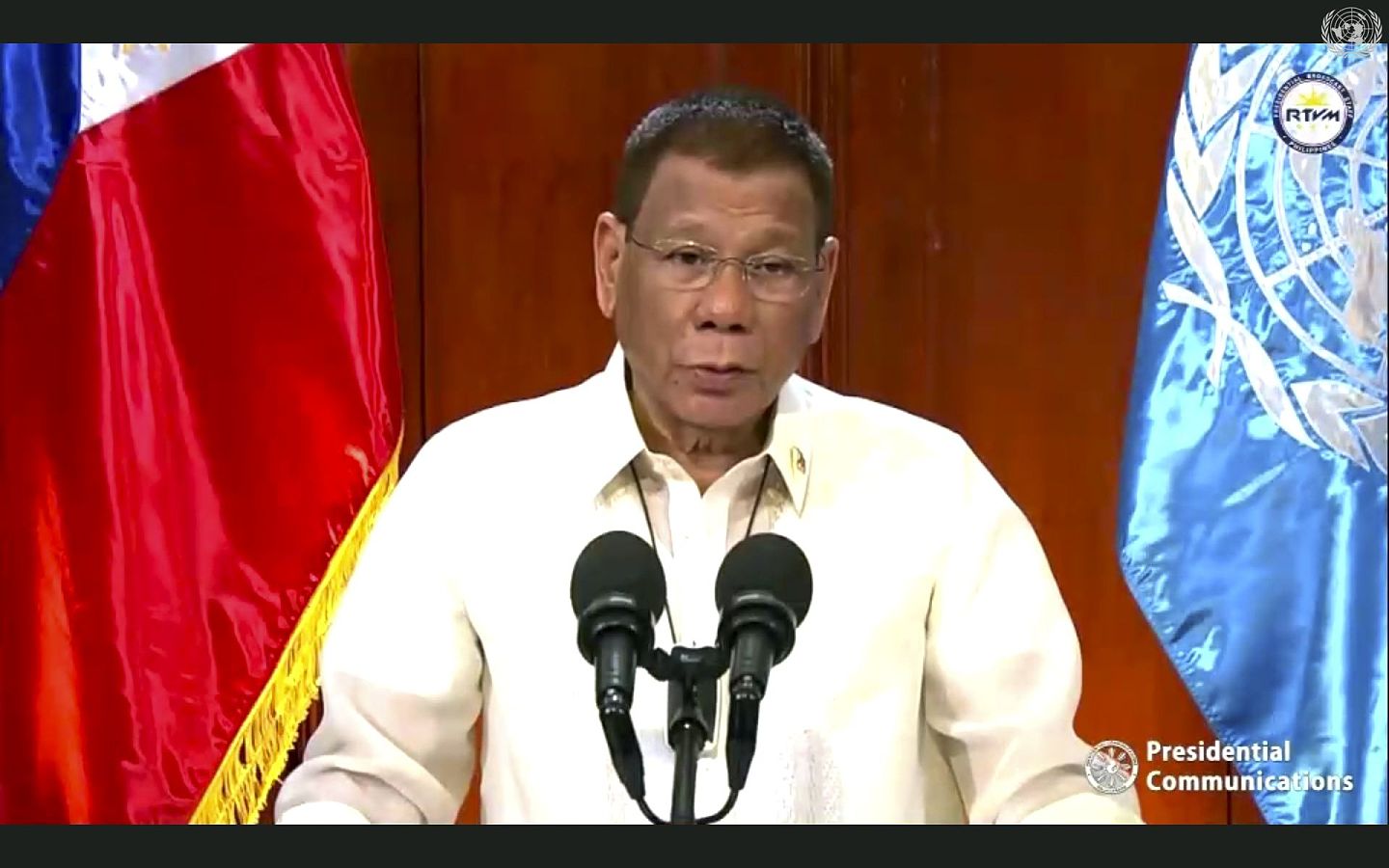 2020年9月22日，在联合国总部举行的第75届联合国大会上，菲律宾总统杜特尔特发表视频讲话。 在讲话中，他强调坚决反对任何削弱国际仲裁法庭（PCA）于2016年做出有关南海问题的裁决的企图。 (AP)