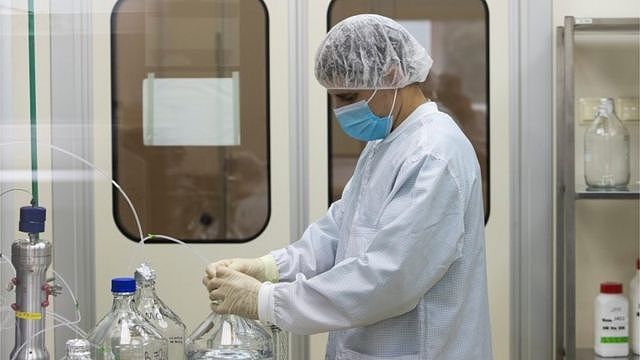 A specialist works at Binnopharm pharmaceutical plant, part of Alium Group owned by Sistema financial corporation, which develops 
