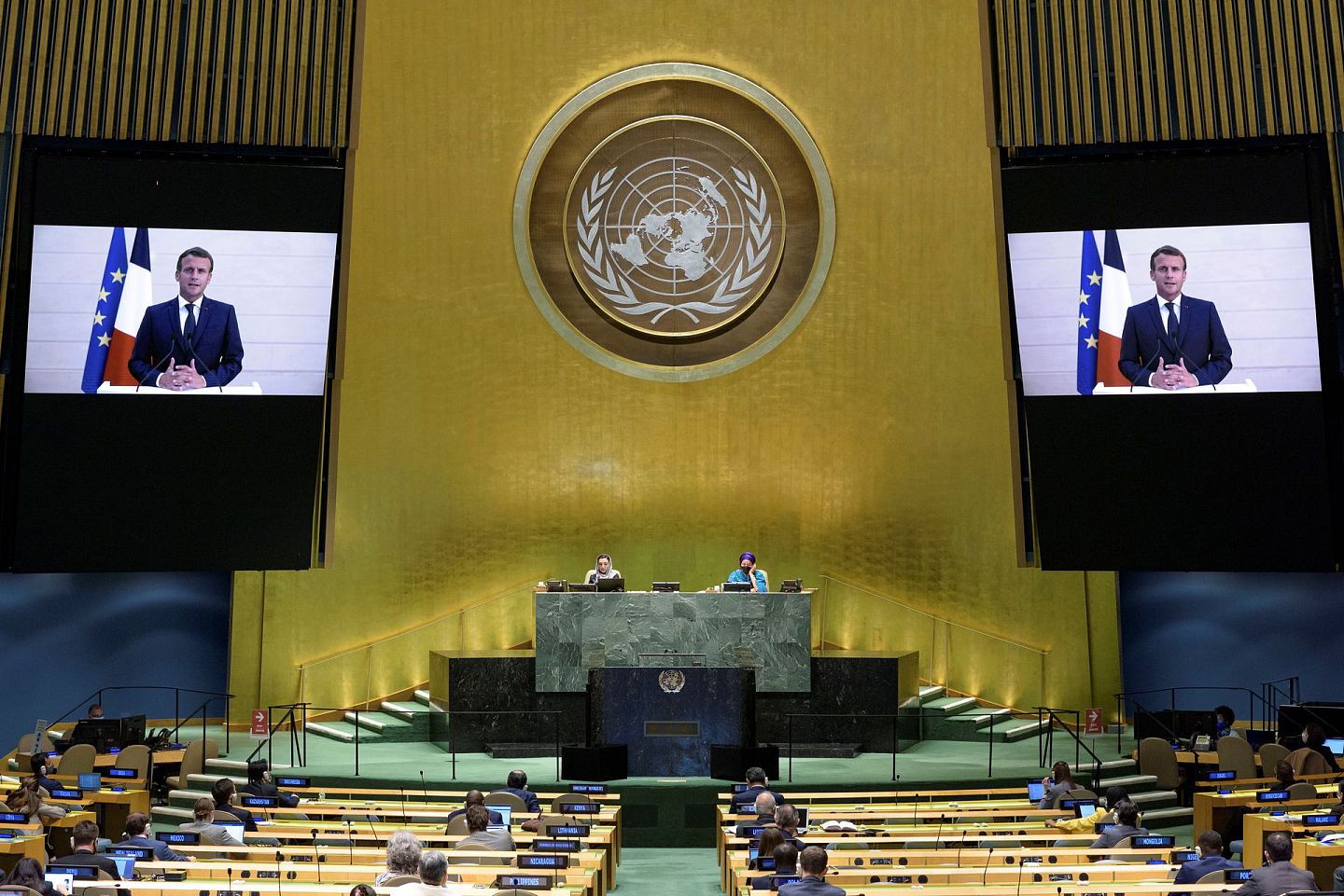 2020年9月22日，第75届联合国大会一般性辩论在纽约联合国总部拉开帷幕，法国总统马克龙（Emmanuel Macron）通过视频发表讲话。 （Reuters）