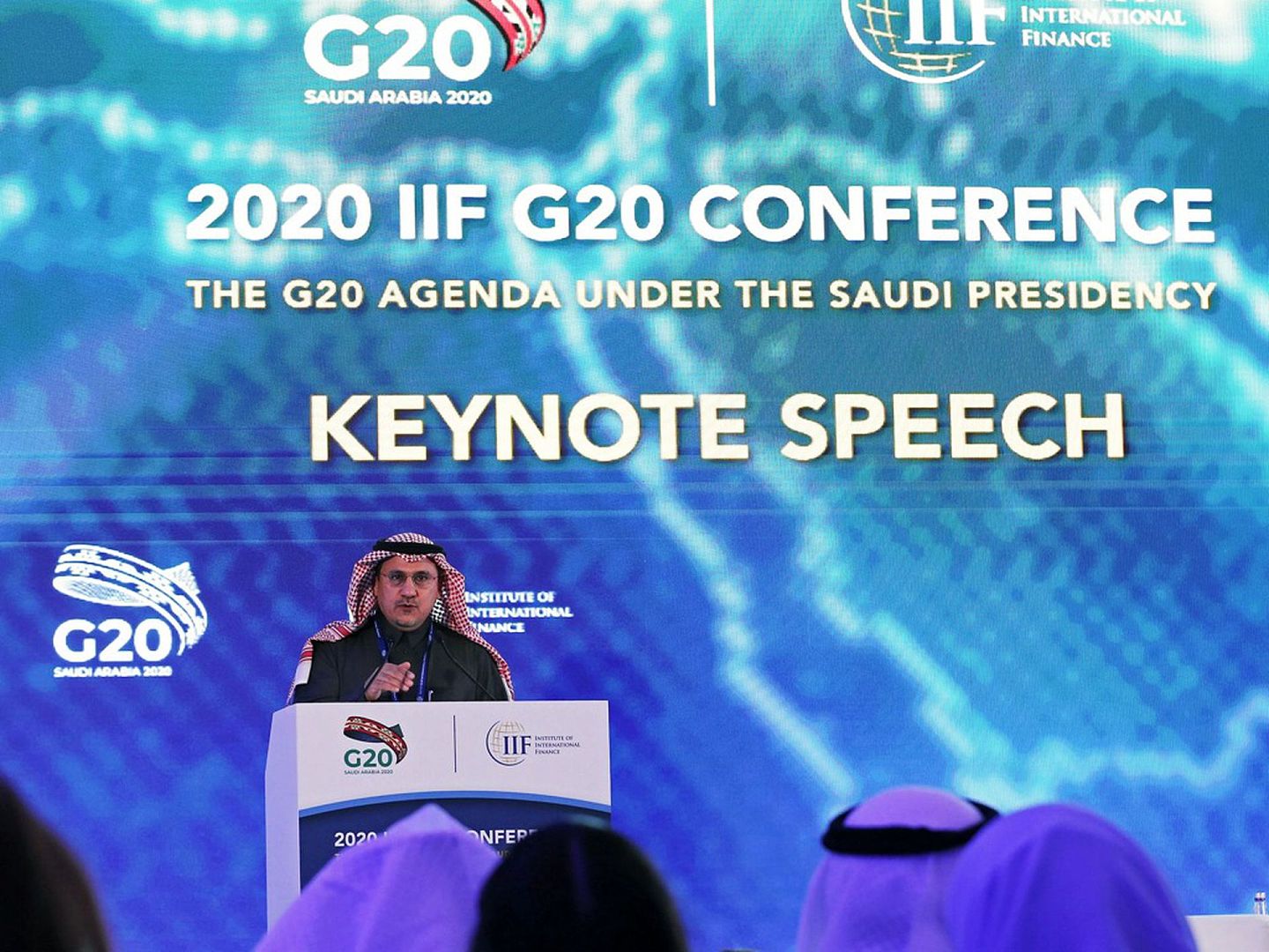 沙特阿拉伯央行行长霍利菲（Ahmed al-Kholifey）在利雅得举行的G20峰会上发表讲话。（Reuters）