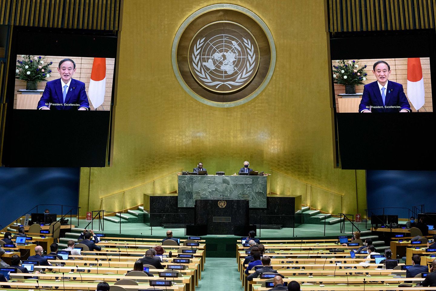 2020年9月26日，日本新任首相菅义伟参加联合国大会一般性辩论，发表视频讲话。（AP）