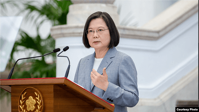 台湾总统蔡英文在总统府敞厅针对国际经贸情势发表谈话。（2020年8月28日）（照片来源：台湾总统府网站）