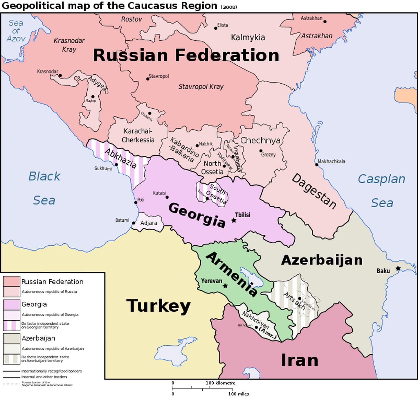 南高加索由三大国与五个主权不完整的政治实体构成。（维基百科公有领域）