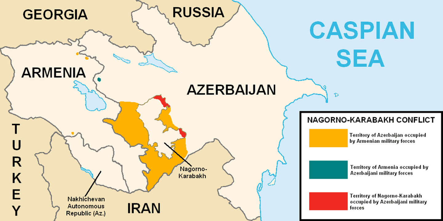 纳卡冲突下的各方势力分布，左下为纳希切万。（维基百科公有领域）