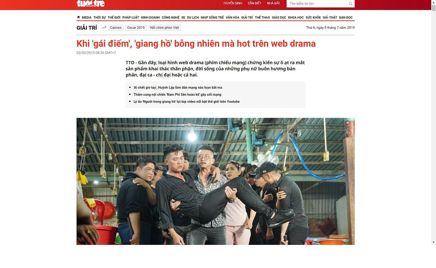 越南《年轻人报》曾批评网络剧“娼妓”（gai diem）“江湖”（giang ho）内容猖獗。剧照为越南2018年流行网络电影《鱼翅前传》（Vi ca tien truyen），剧情讲述黑帮恩怨。到2020年，类似内容在越南坊间开始凋零。（越南《年轻人报》截图）