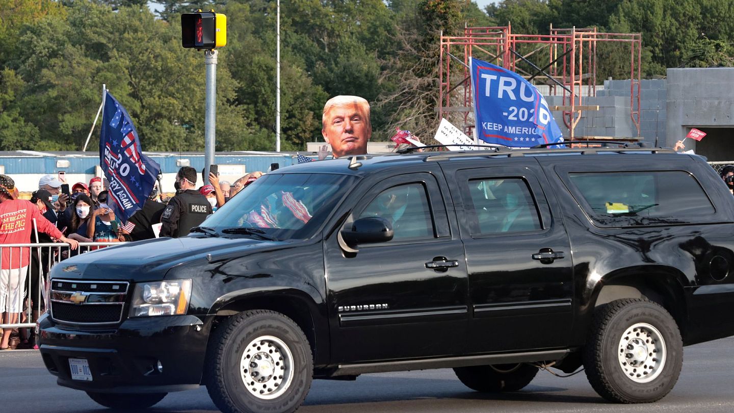 美国大选 : 图为2020年10月4日，美国总统特朗普乘车经过守在沃尔特里德国家军事医学中心外的支持者的身旁。（Reuters）