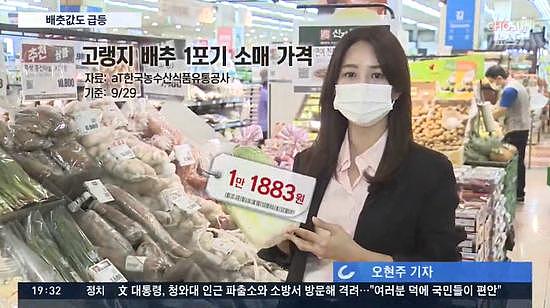 韩国记者走访超市，一颗白菜69元人民币。（图片来源：朝鲜TV截图）
