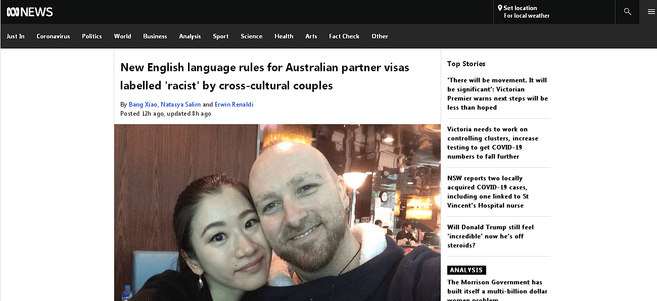 澳洲配偶签证新规引跨国夫妇不满！华女：语言不该成为爱情的前提（图） - 1